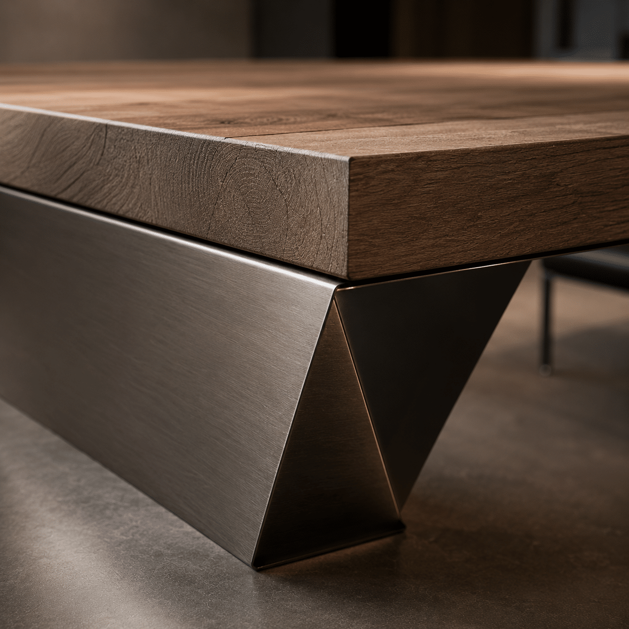 Architectural exotic wood slab top mated to a stainless steel chassis representing bespoke luxury dining tables.
