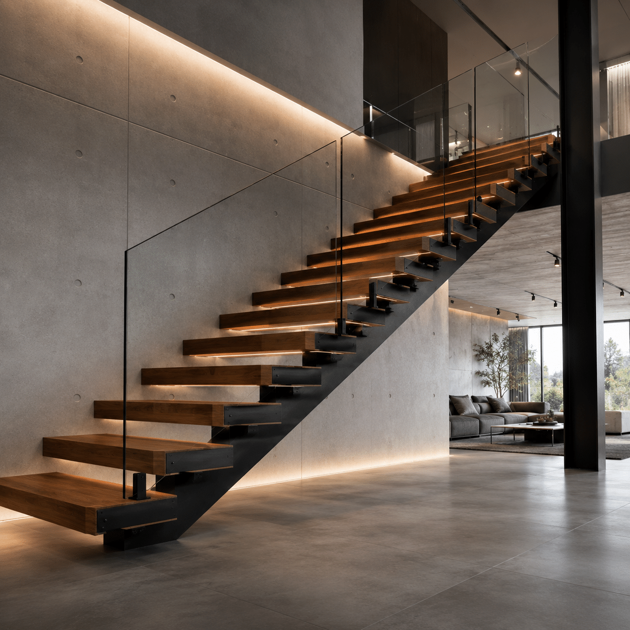 Bespoke architectural staircase featuring a heavy structural steel mono stringer and thick solid timber treads