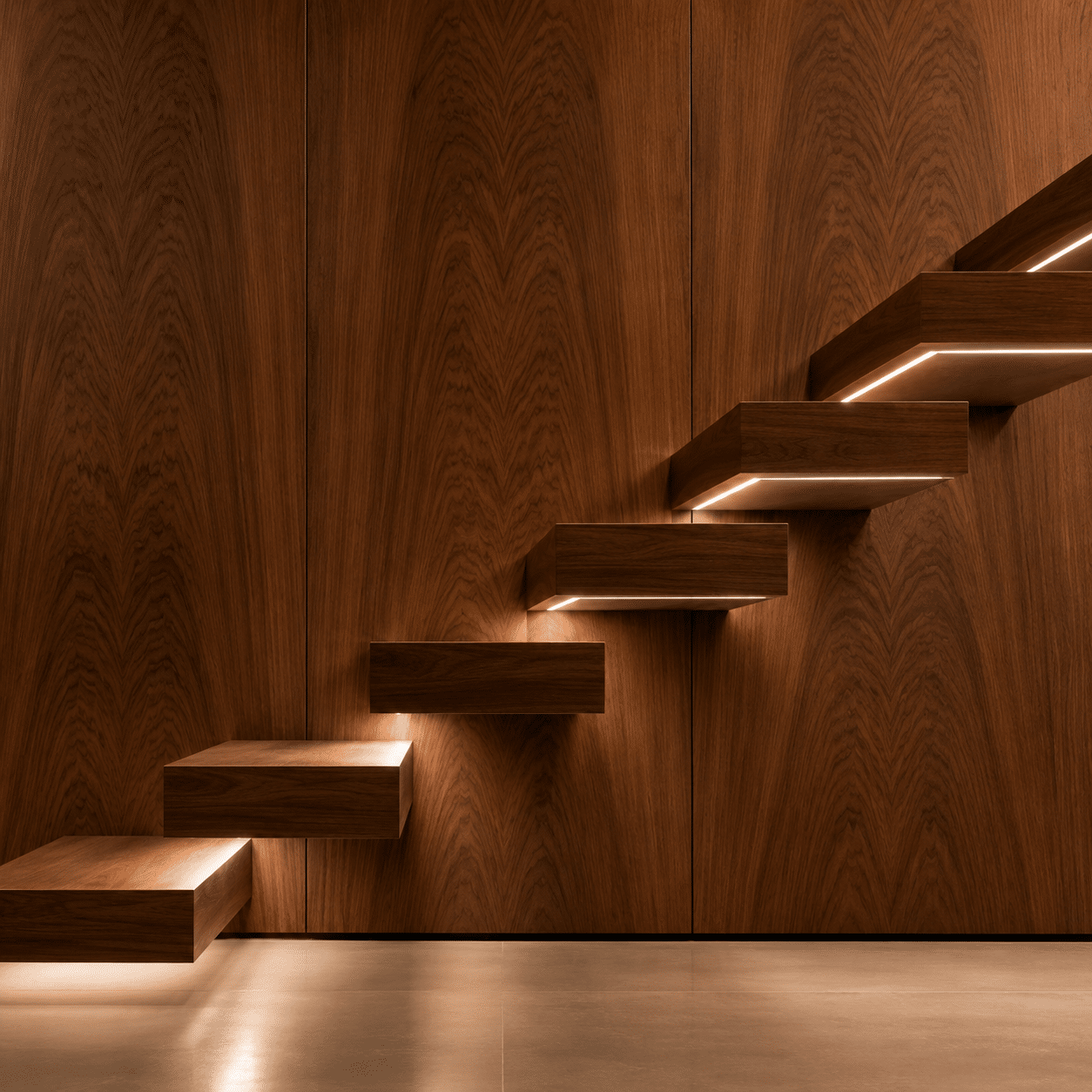Bespoke architectural staircase showcasing cantilevered floating timber treads with concealed wall anchors