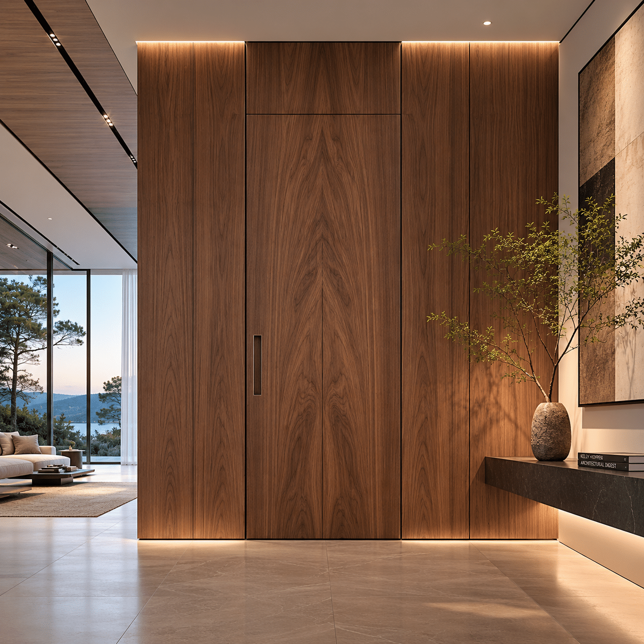 Bespoke flush invisible wooden door with master level book matched veneer grain continuity
