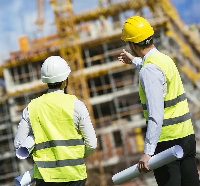 Builders and contractors reviewing construction drawings on a project site.