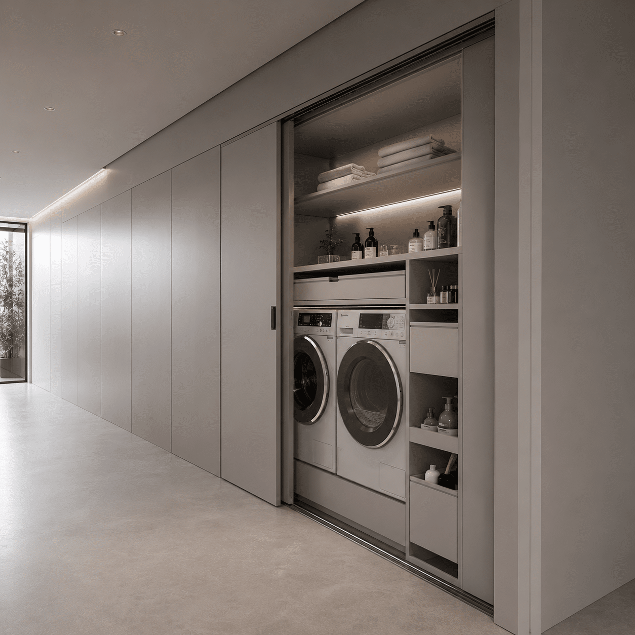 Contract grade utility cabinetry featuring integrated washing machine corridors and hidden storage
