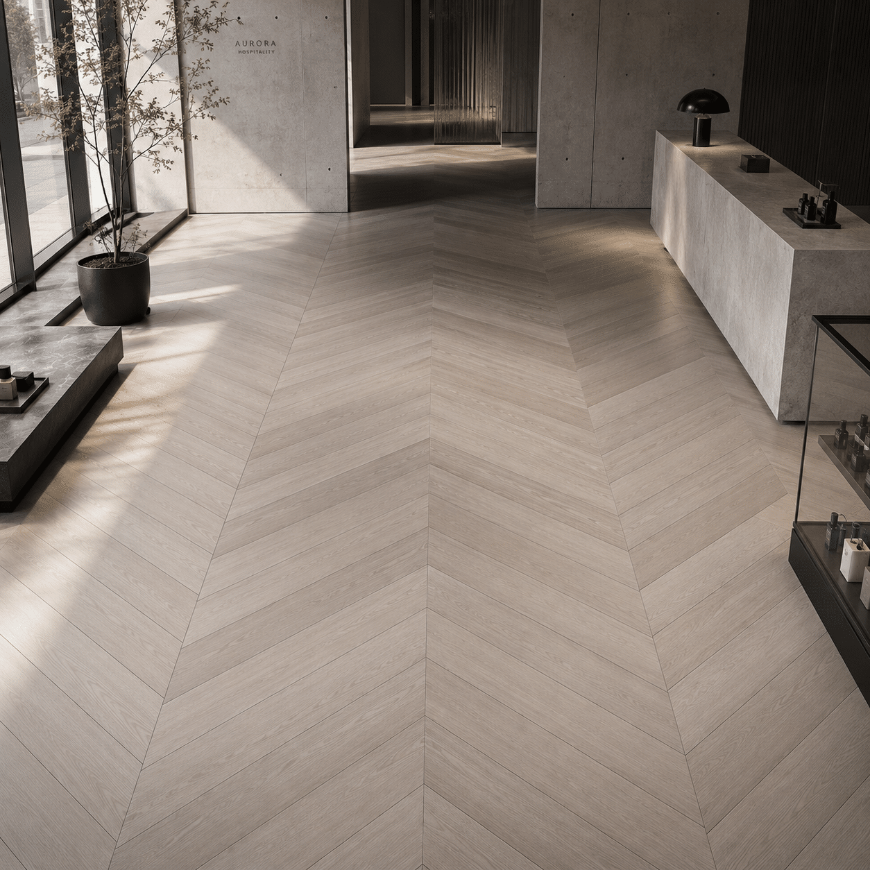 Elegant herringbone engineered wooden flooring layout for high traffic commercial spaces