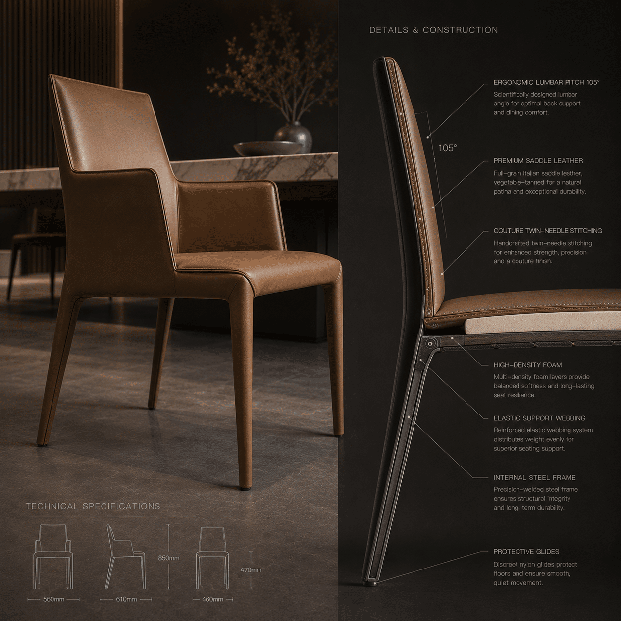 Ergo-calibrated saddle leather dining chair with micro-stitching detail designed for bespoke luxury dining tables.