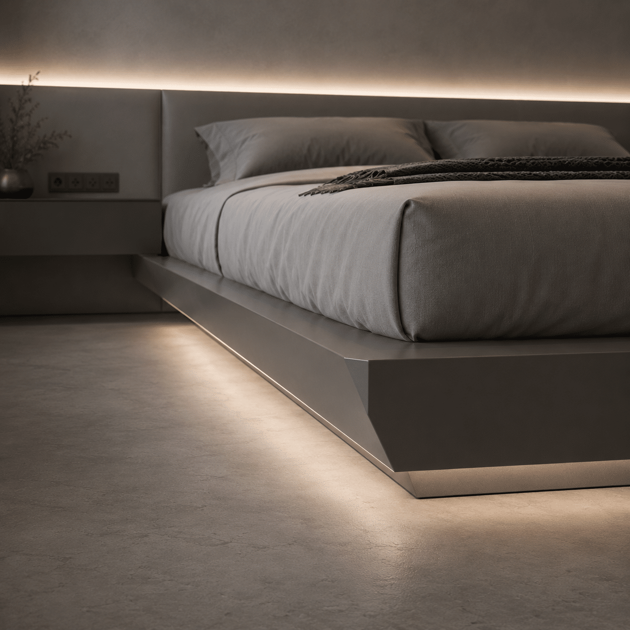 Floating low-profile minimalist frame representing premium engineering of bespoke luxury bed systems.