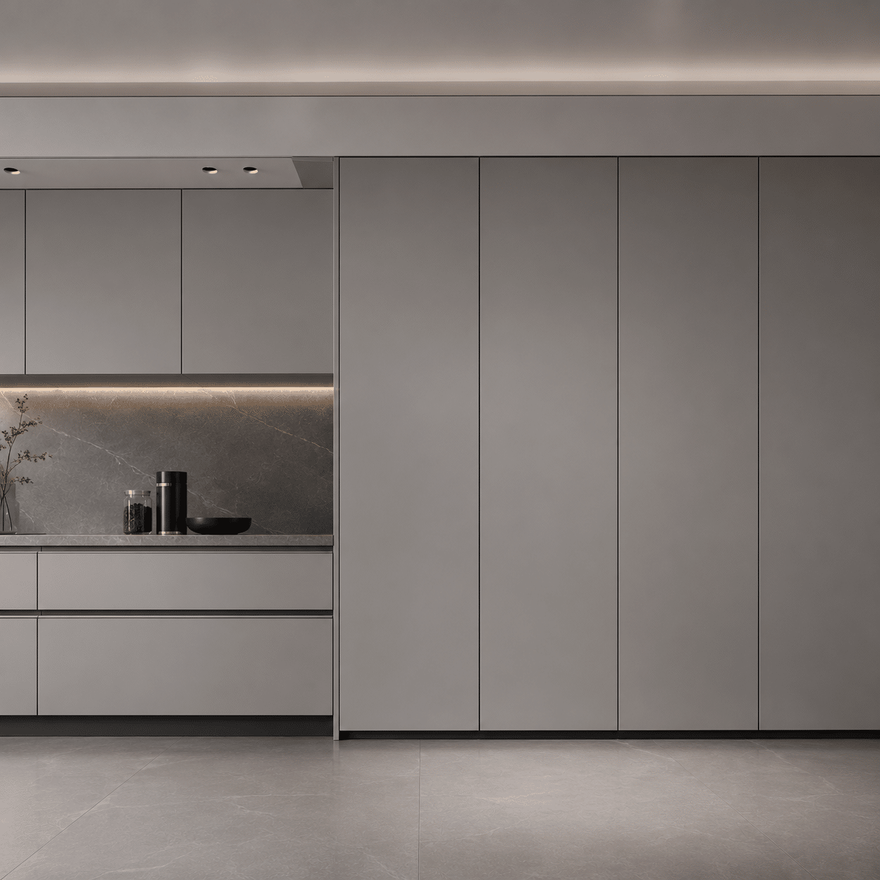 Handleless custom kitchen cabinets showcasing monolithic tall unit storage systems