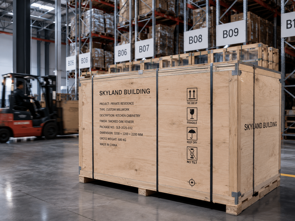 Heavy duty container loading and certified ocean freight packaging for global building material procurement