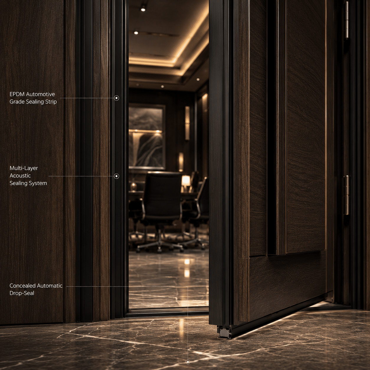 High performance acoustic wooden door with integrated automatic mechanical drop seals