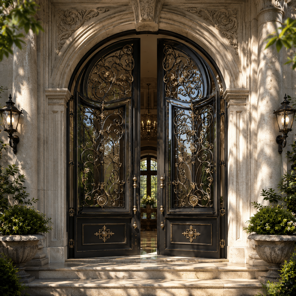 Luxury wrought iron metal entrance door with hand forged architectural scrolls and operable glass