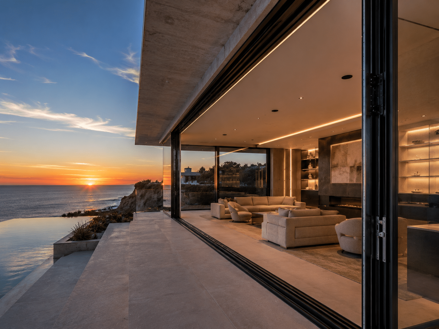 Slim-frame aluminum window and sliding door systems on a villa facade