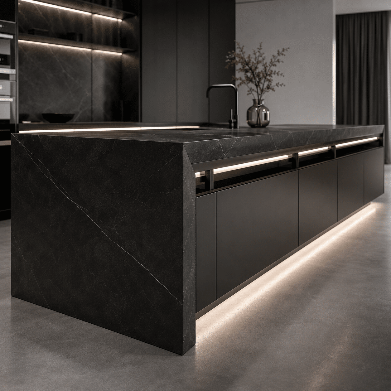 Modern kitchen cabinets featuring luxury sintered stone island modules with integrated sinks