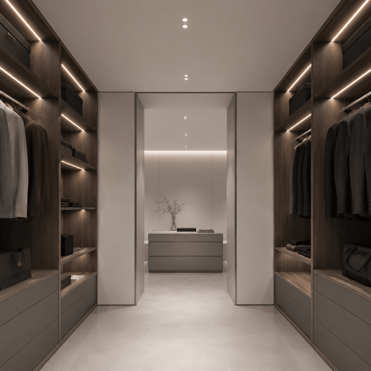 Modern open-concept bespoke wardrobe walk in closet showcasing engineered timber modules