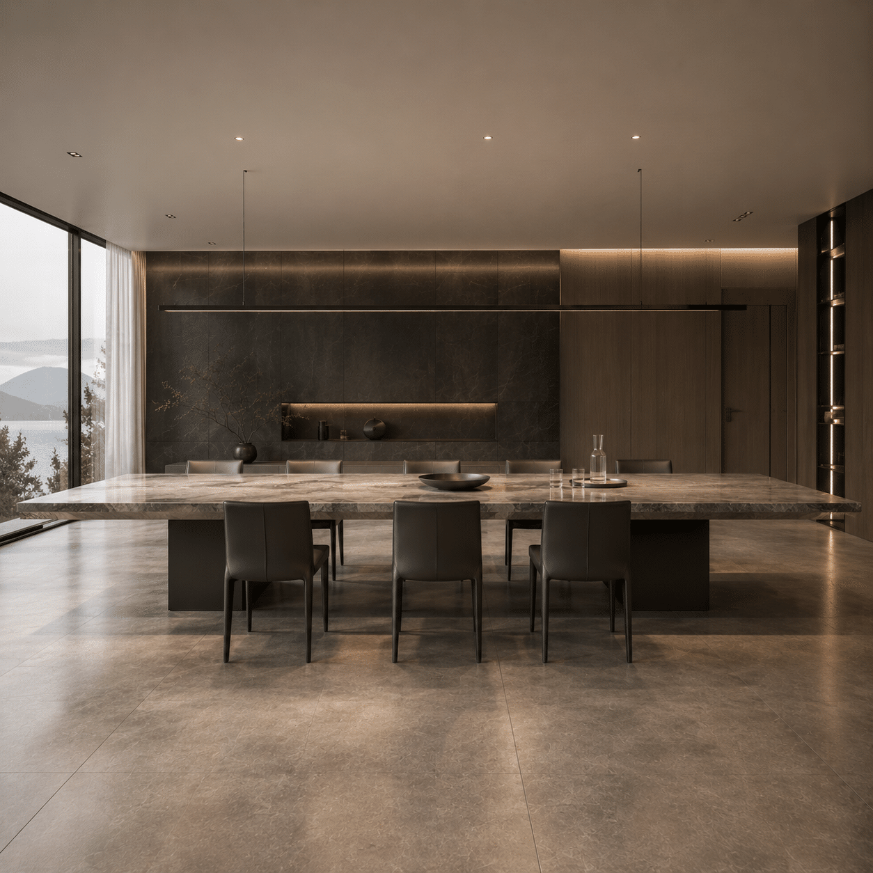 Monolithic sintered stone platform showing seamless grain continuity under bespoke luxury dining tables collection.
