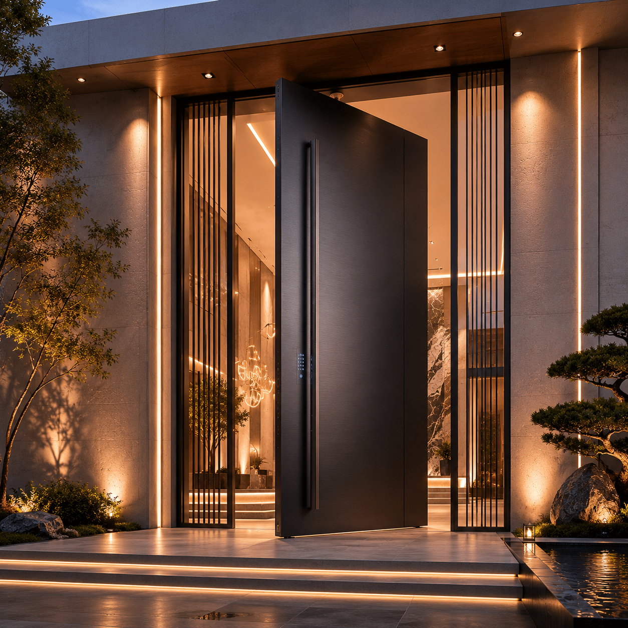 Oversized modern metal entrance door operating on heavy duty structural bottom pivot hinges