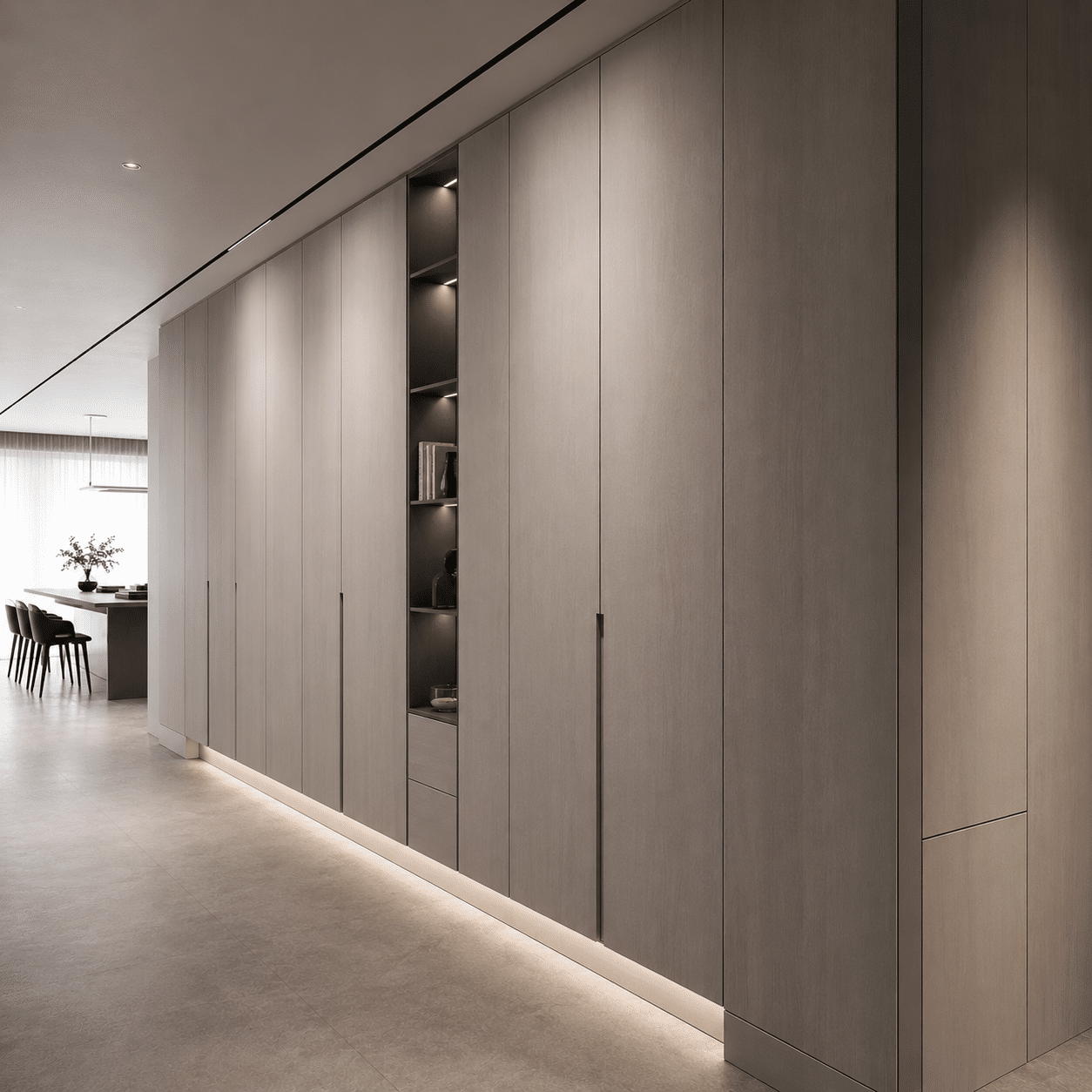 Premium living room utility cabinetry featuring matte finished handleless facades