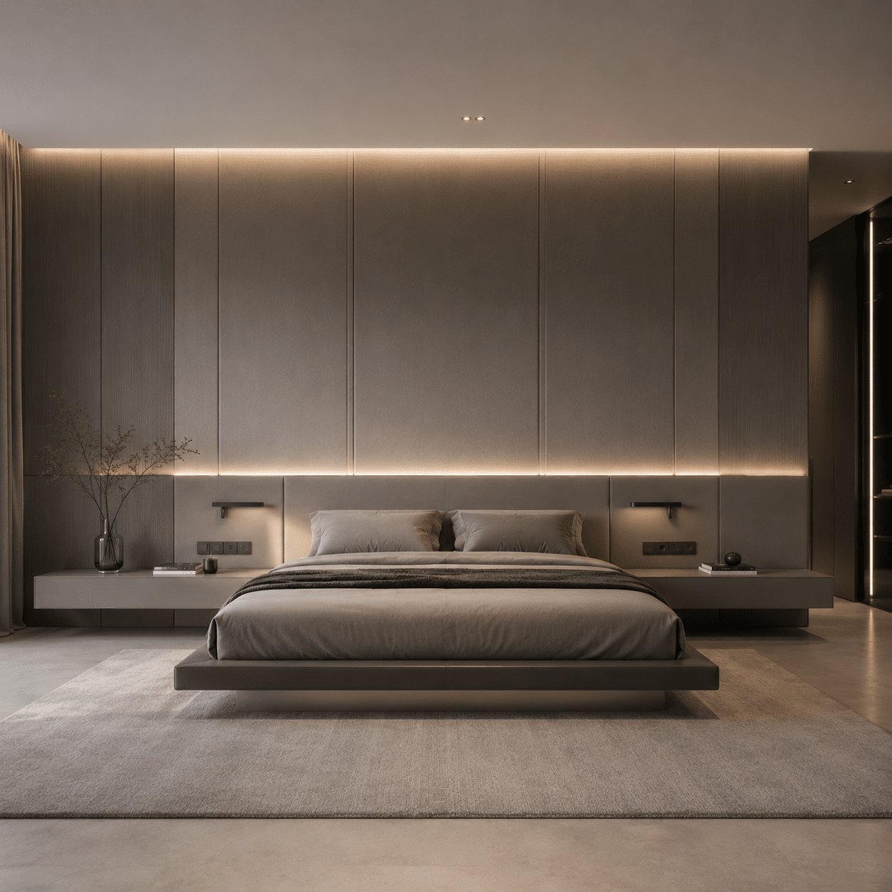 Wall-flush headboard paneling combined with bespoke luxury bed systems in a high-end estate design portfolio.
