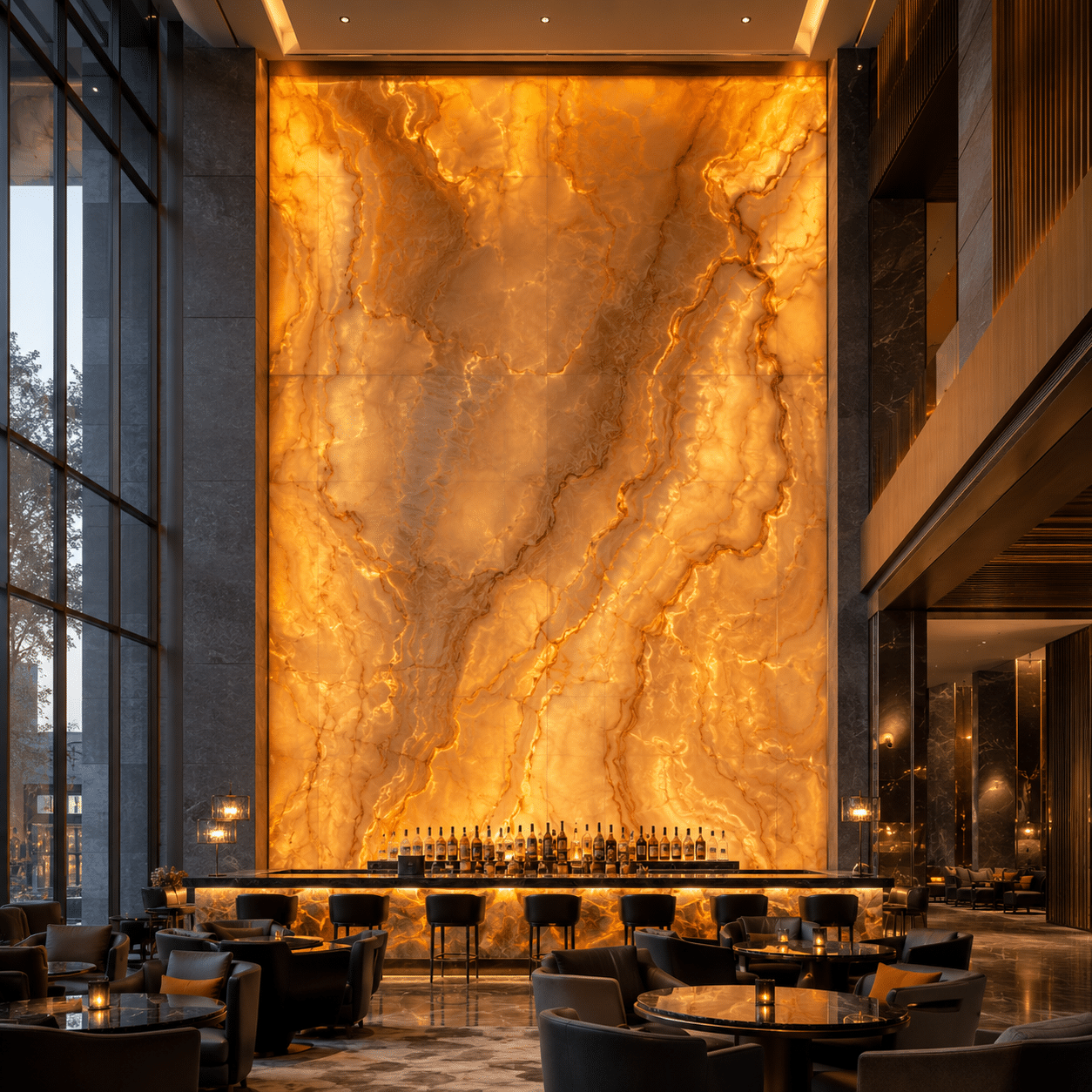 Luminous commercial feature wall engineered from luxury onyx stone project supply, displaying continuous translucent mineral patterns under interior backlighting.