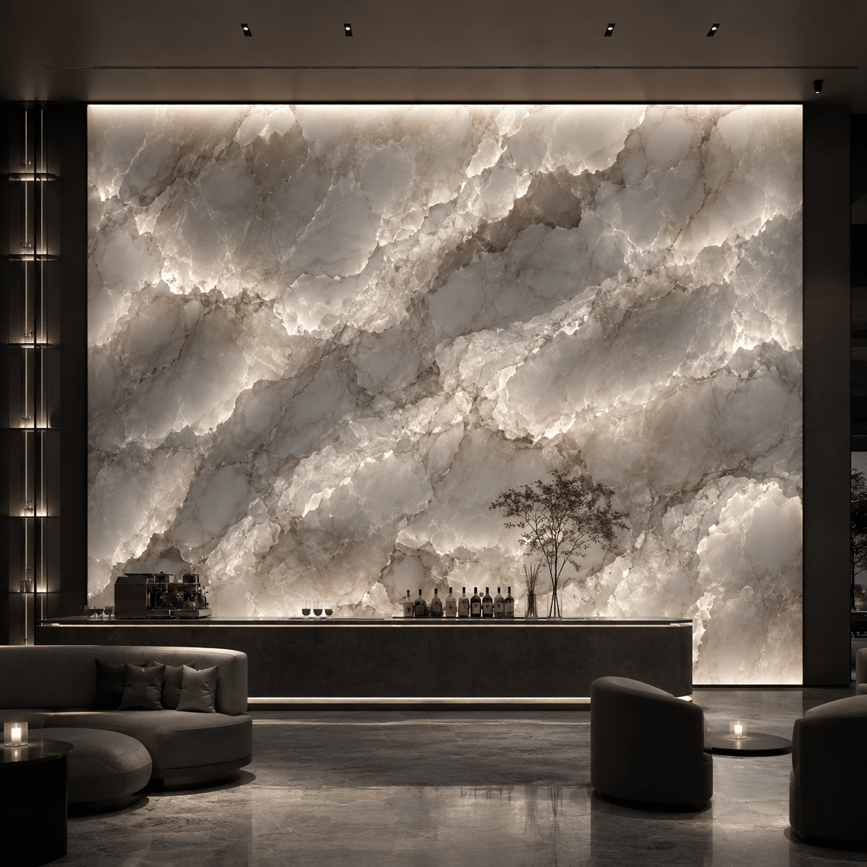 Luminescent backlit installation utilizing low-iron glass composite from our premium architectural quartzite supply to diffuse internal LED matrices uniformly.