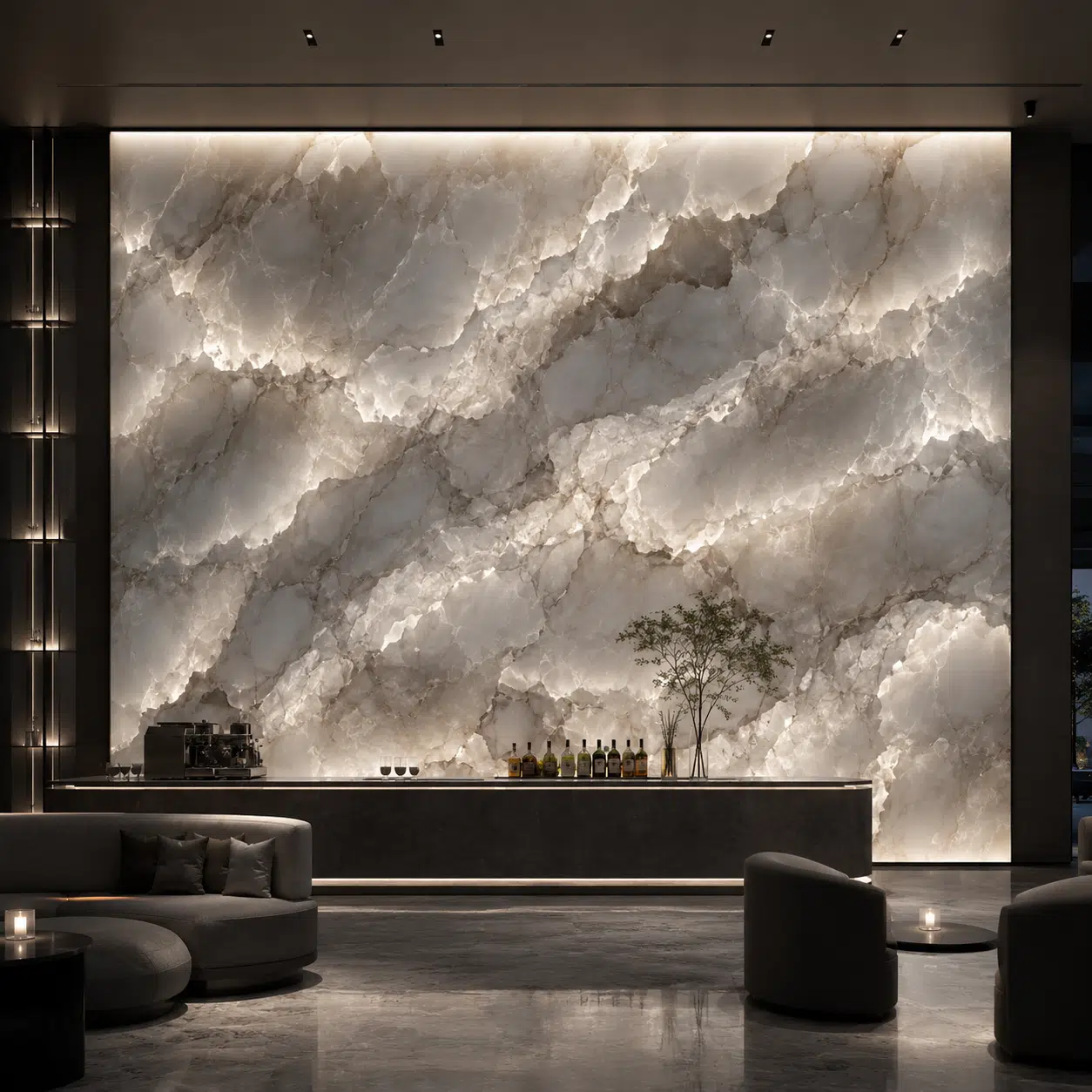 Translucent quartzite used in a backlit feature wall