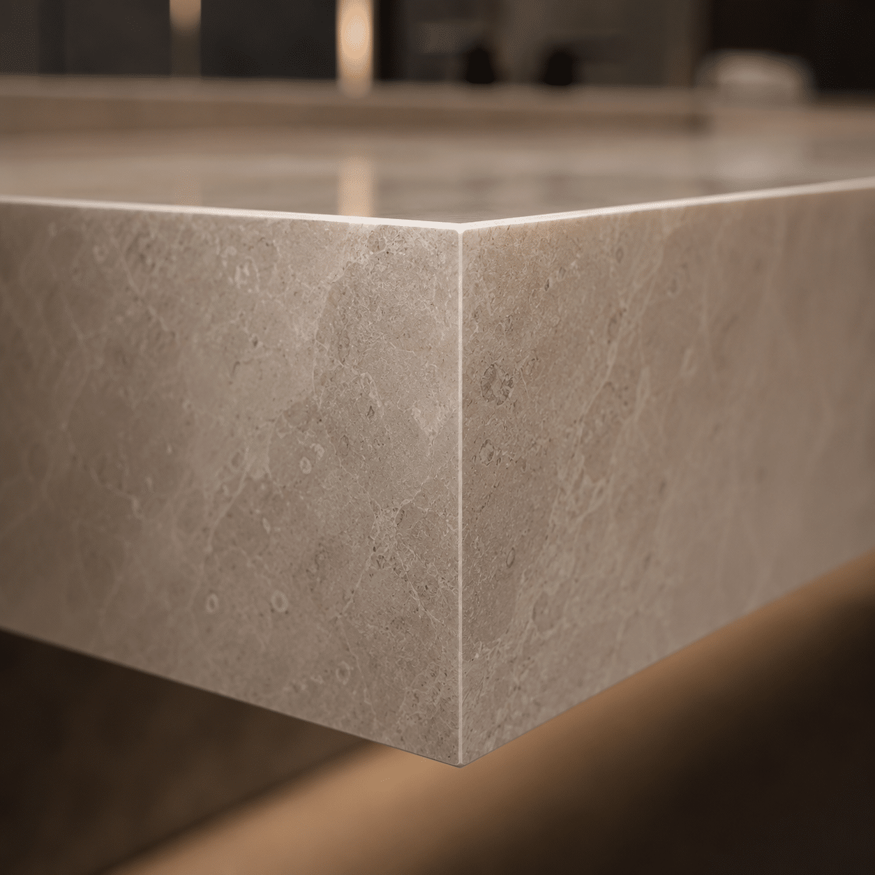 Bespoke mitered architectural marble project supply, custom-fabricated into a low-reflective honed monolithic reception desk.