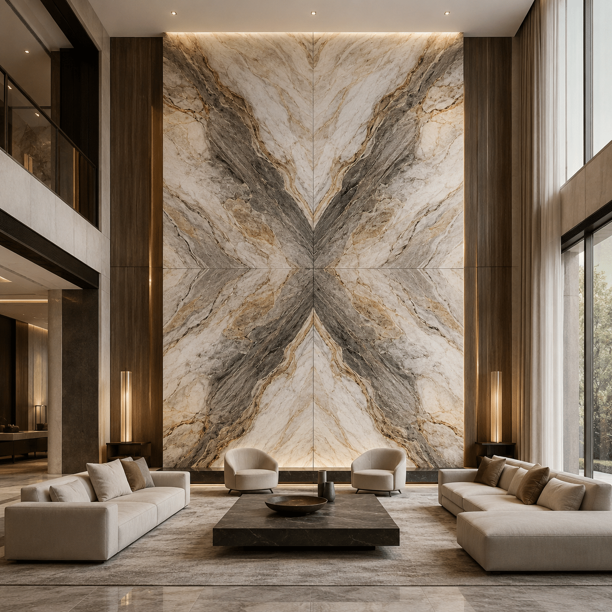 Book-matched symmetrical layout featuring large-format panels delivered via our premium architectural quartzite supply for a commercial lobby wall.