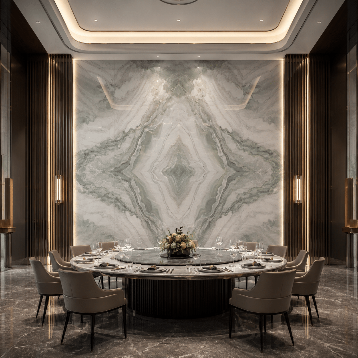 Perfectly balanced bookmatched bookmatched installation sourced from our luxury onyx stone project supply for a high-end corporate pavilion.