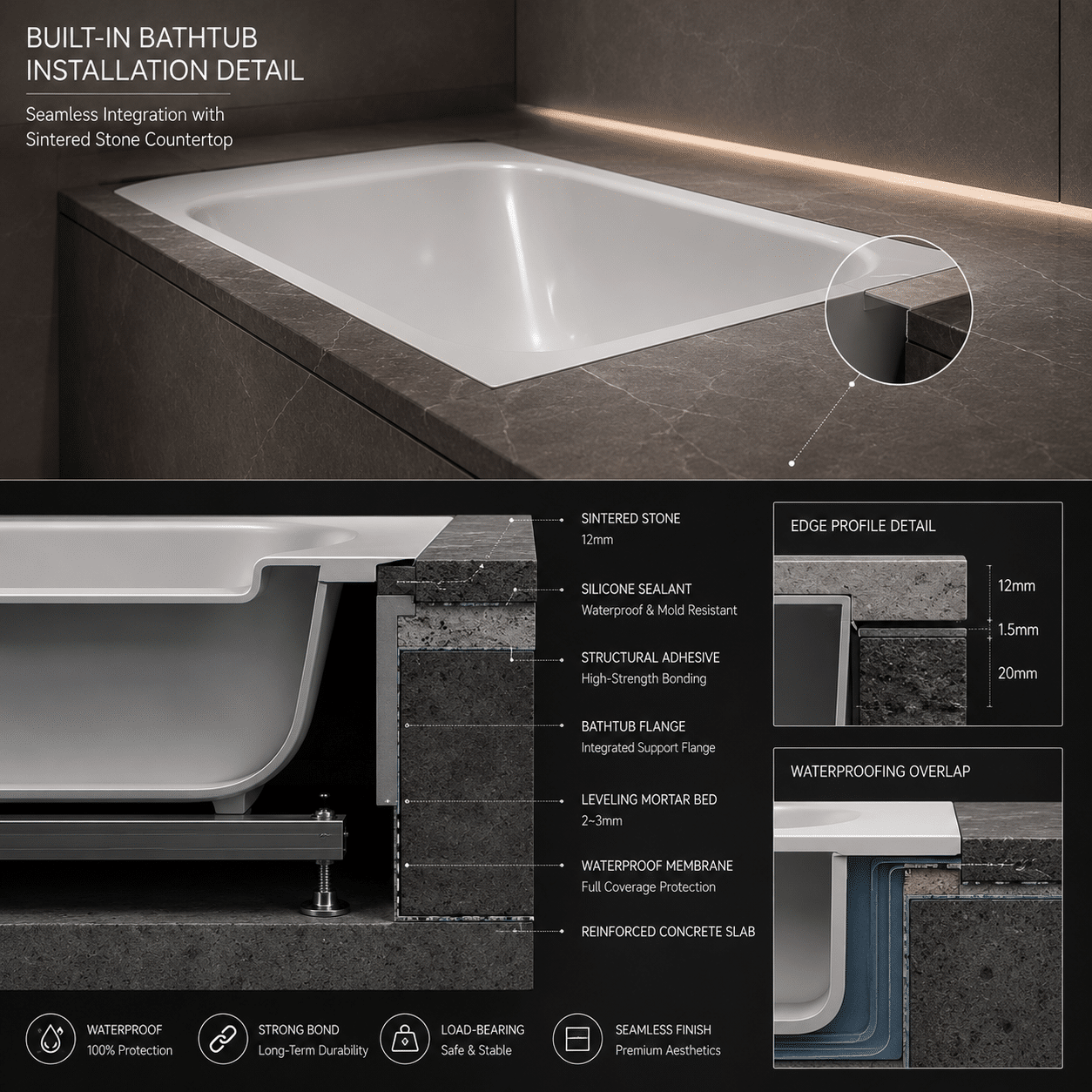 Built-in undermount composite project bathtub integrated into sintered stone ledger cladding matching luxury solid-surface bathtubs specs.