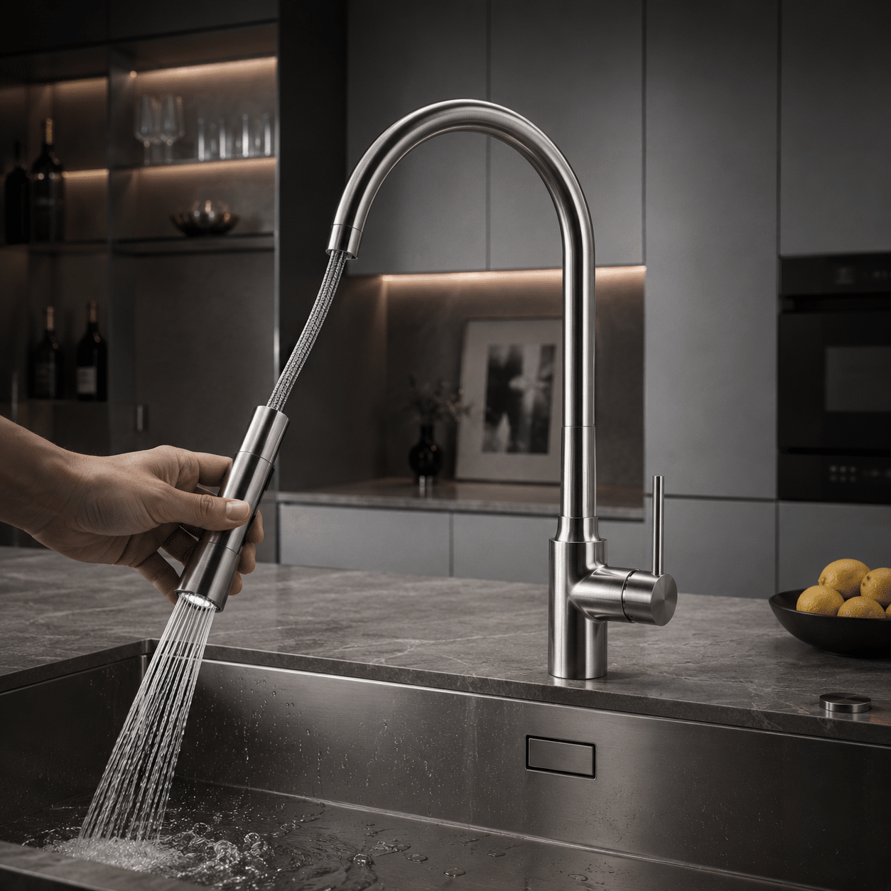 Engineered commercial pull-out ordinary kitchen faucet featuring a high-arc mechanical spout and durable braided nylon hose, displaying seamless industrial durability and fluid conservation under luxury architectural faucets.