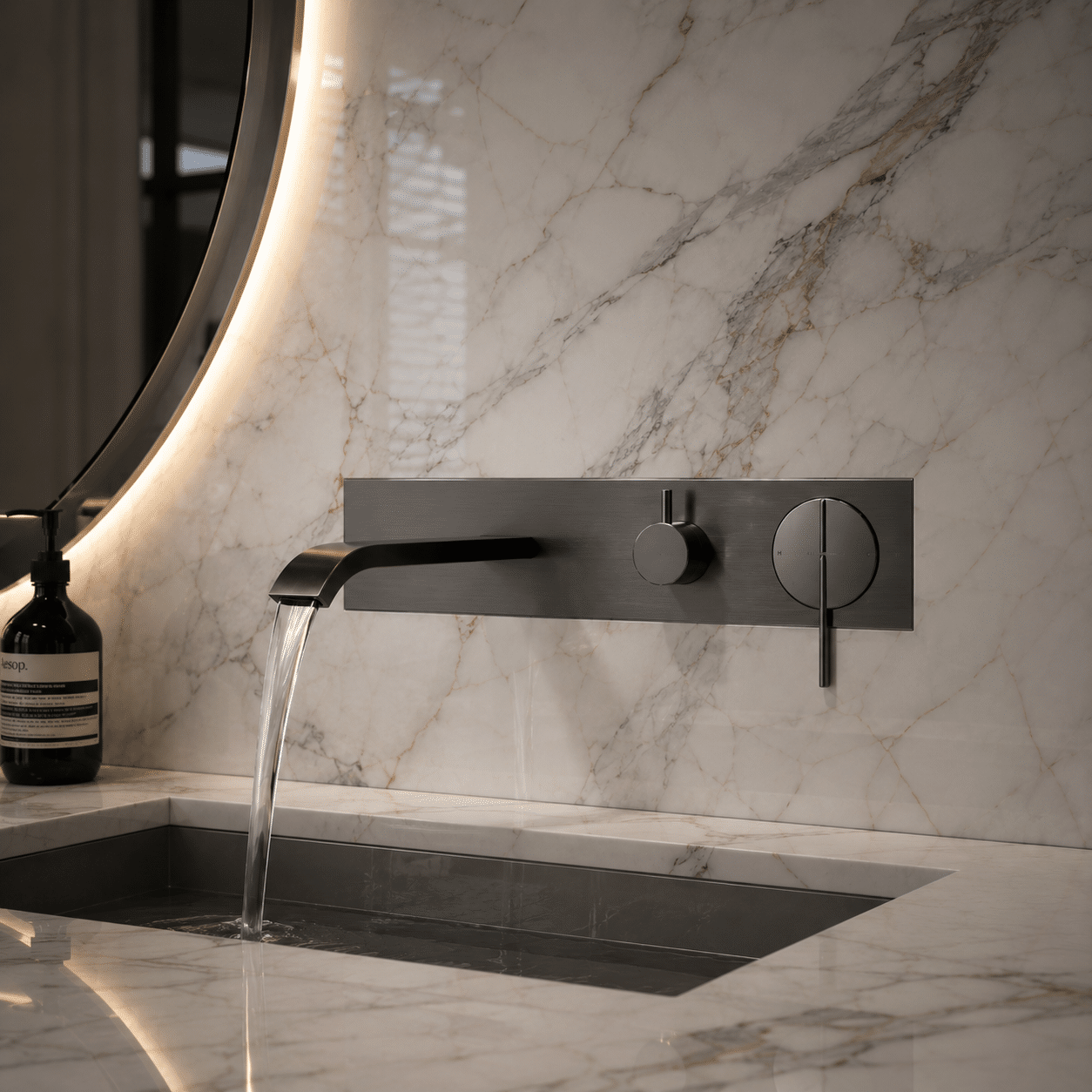 Concealed wall-mounted series basin mixer from Skyland luxury architectural faucets collection, installed completely flush with premium book-matched marble wall panels in a high-end luxury resort master bathroom layout.