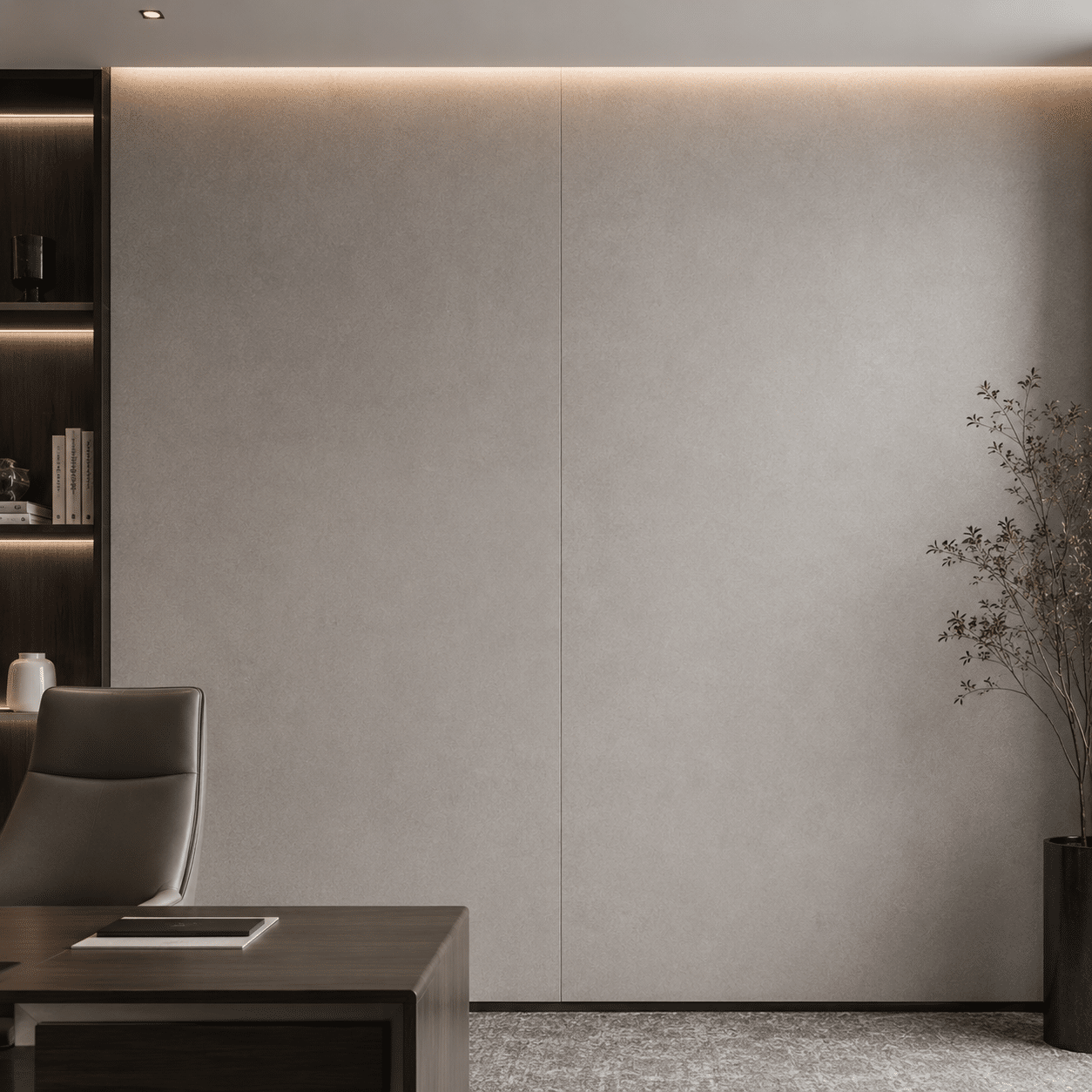 Concealed interlocking flush cladding matching with an acoustic slatted wood wall panels collection.