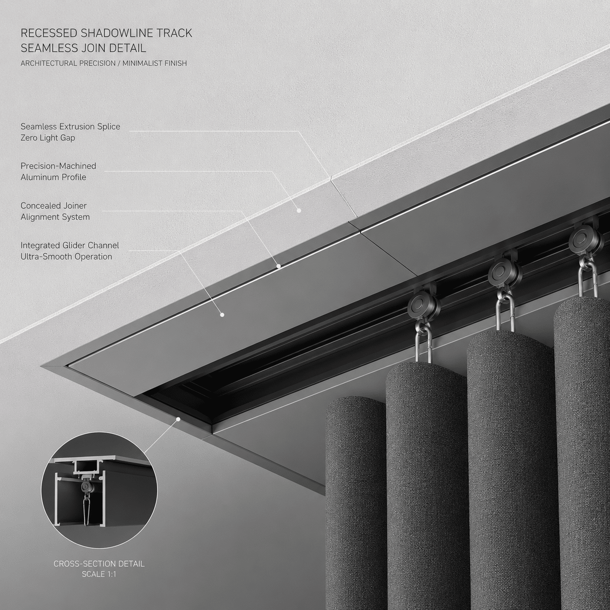 Concealed flush-invisible recessed tracking systems for contract flame retardant curtains grid.