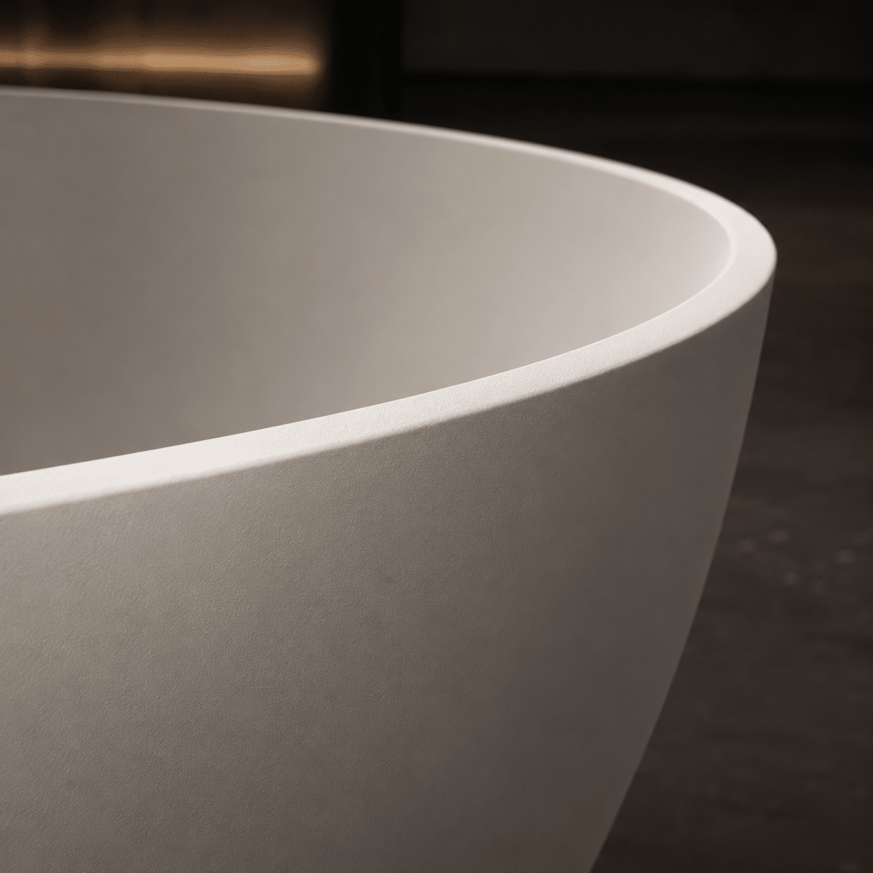 Freestanding matte resin stone soaking bathtub showcasing seamless organic contours under luxury solid-surface bathtubs collection.