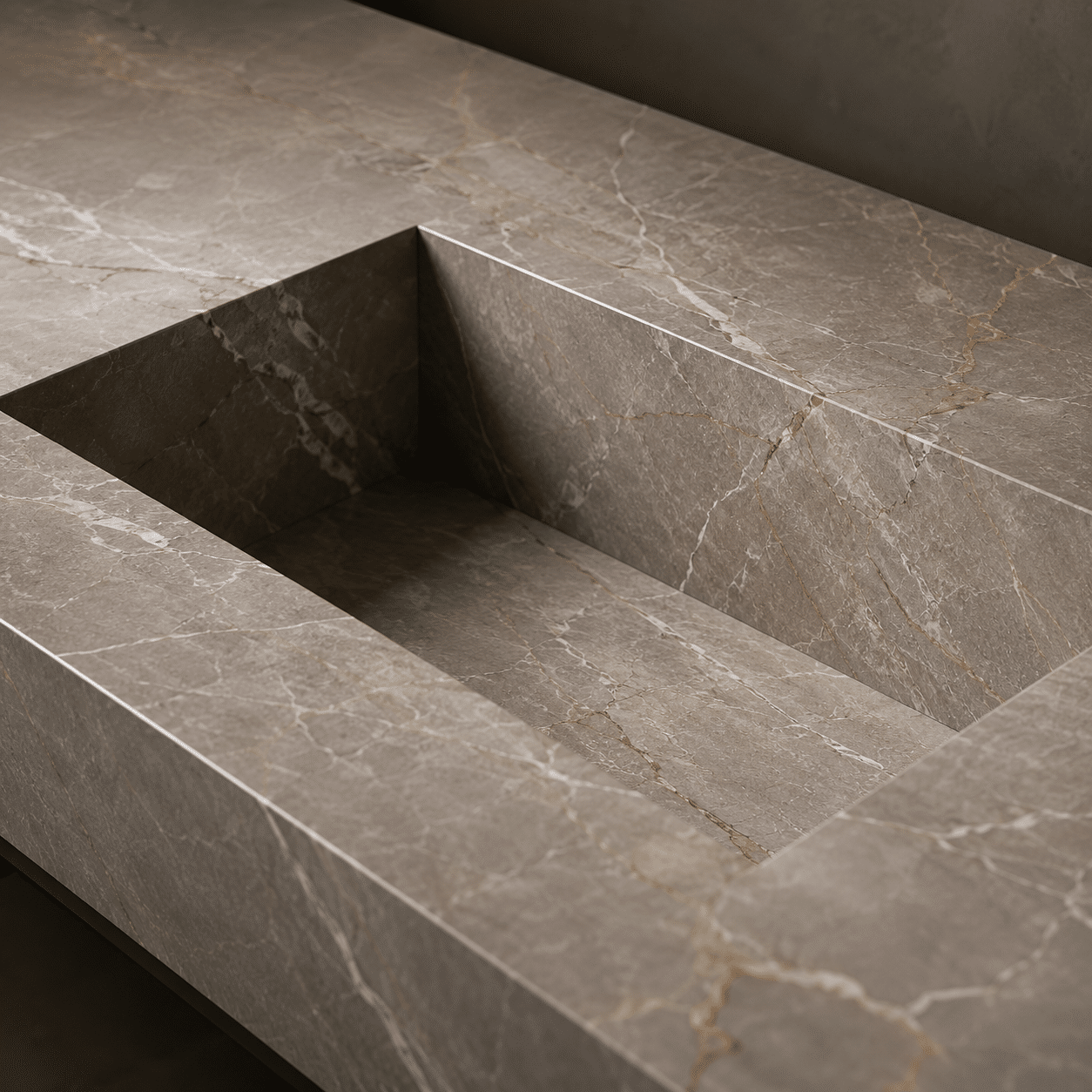 Freestanding quartzite slab basin finished with precision 45-degree mitered edges under luxury bathroom vanities portfolio.