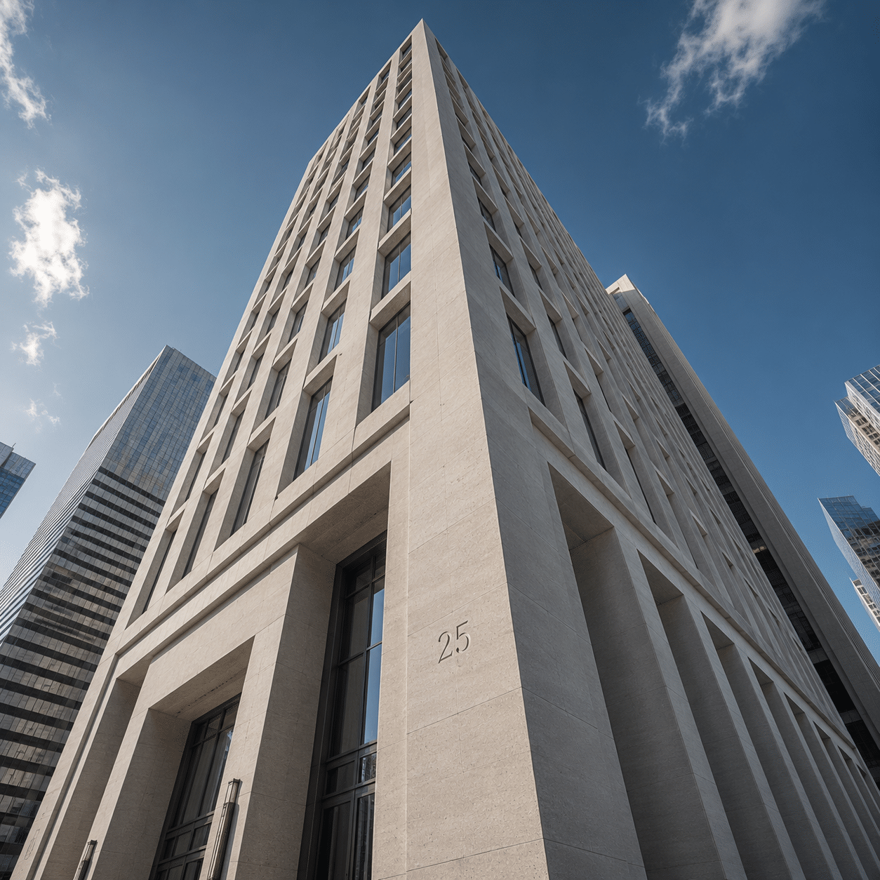 Monolithic commercial building facade engineered from our premium architectural limestone supply, showcasing a zero-glare matte vertical finish.