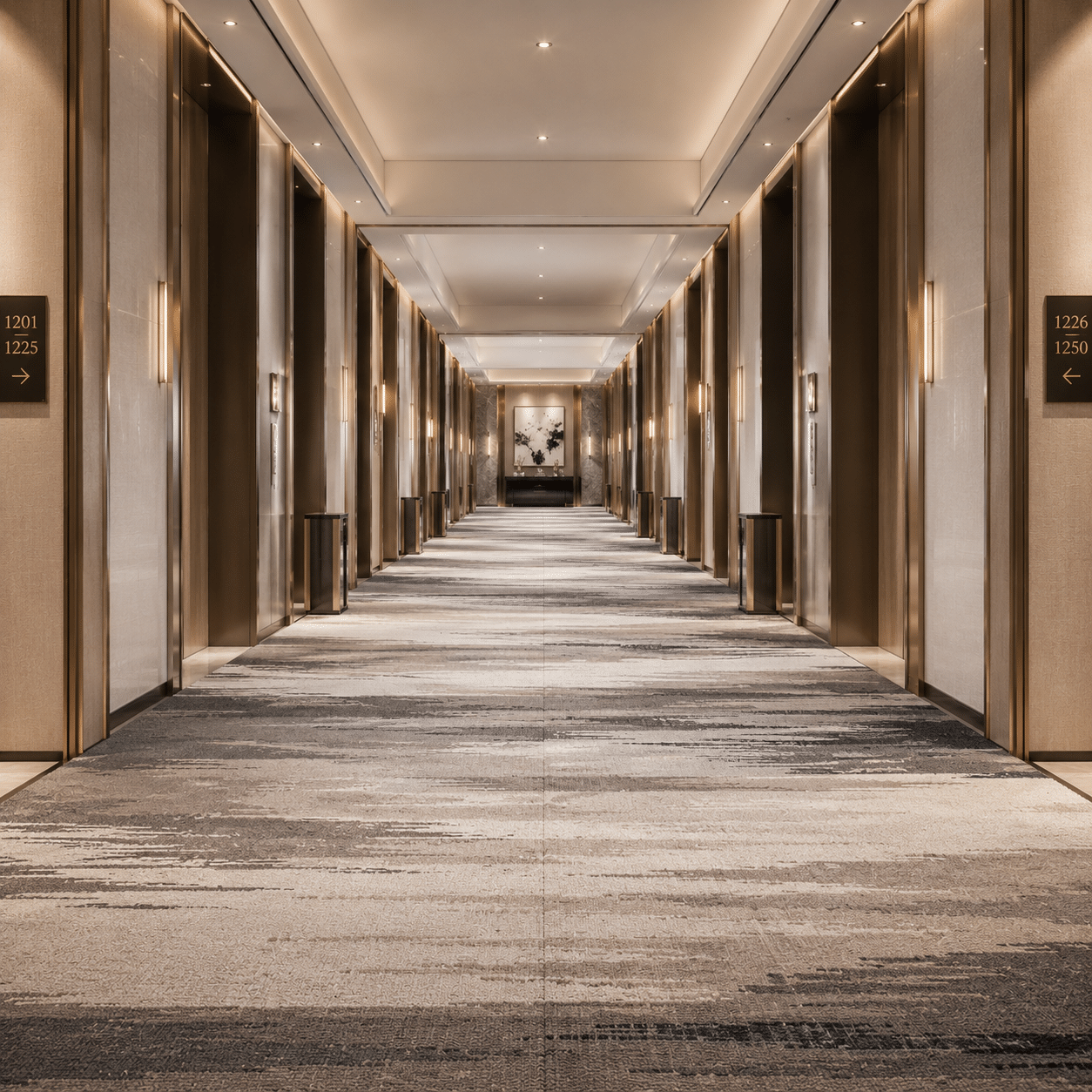 High-traffic broadloom woven flooring integrated alongside a luxury commercial carpet tiles catalog.