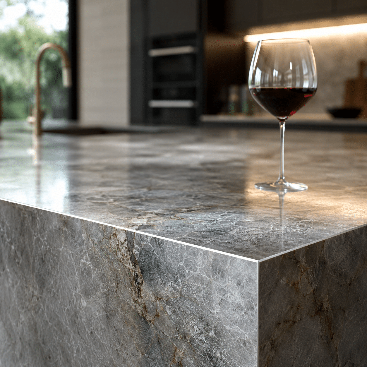 Mitered edge construction on a luxury monolithic kitchen island custom-fabricated from our premium architectural quartzite supply with a low-reflective honed finish.