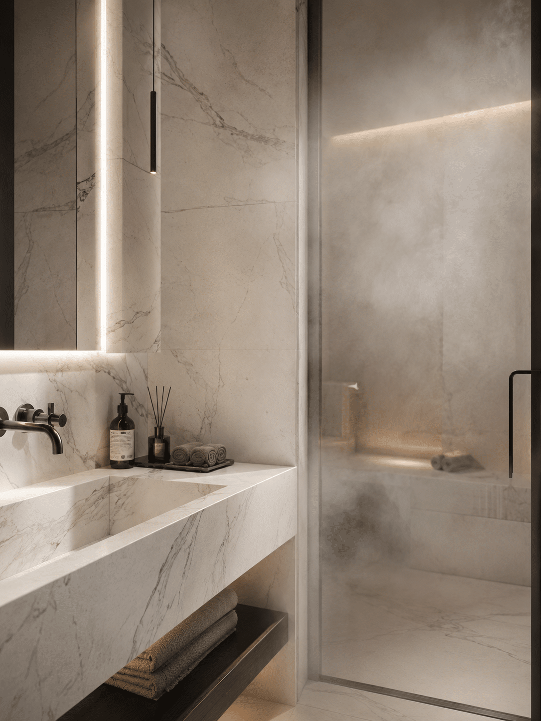 Large-format sintered slab used as bathroom wall cladding
