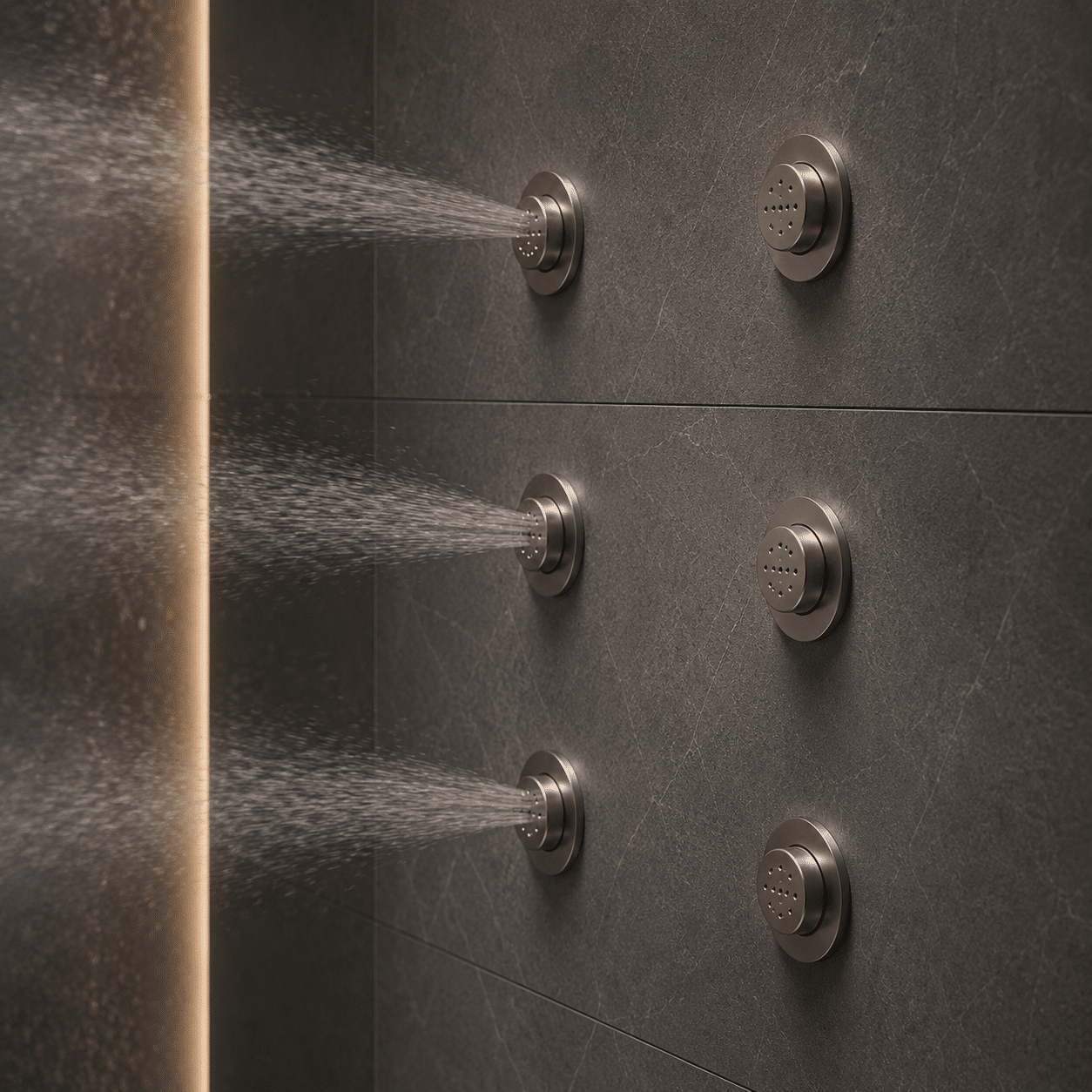 Intelligent hydro-therapy body jets matrix integrated with digital temperature display under luxury shower systems engineering.