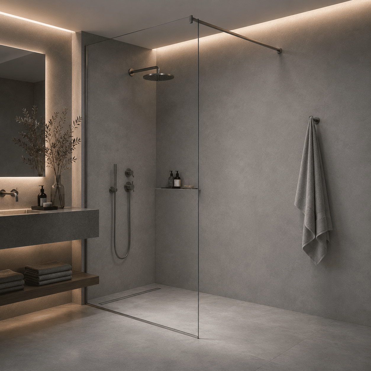 Monolithic walk-in tempered safety glass shower screen with an ultra-minimal telescope bar under luxury shower enclosures matrix.