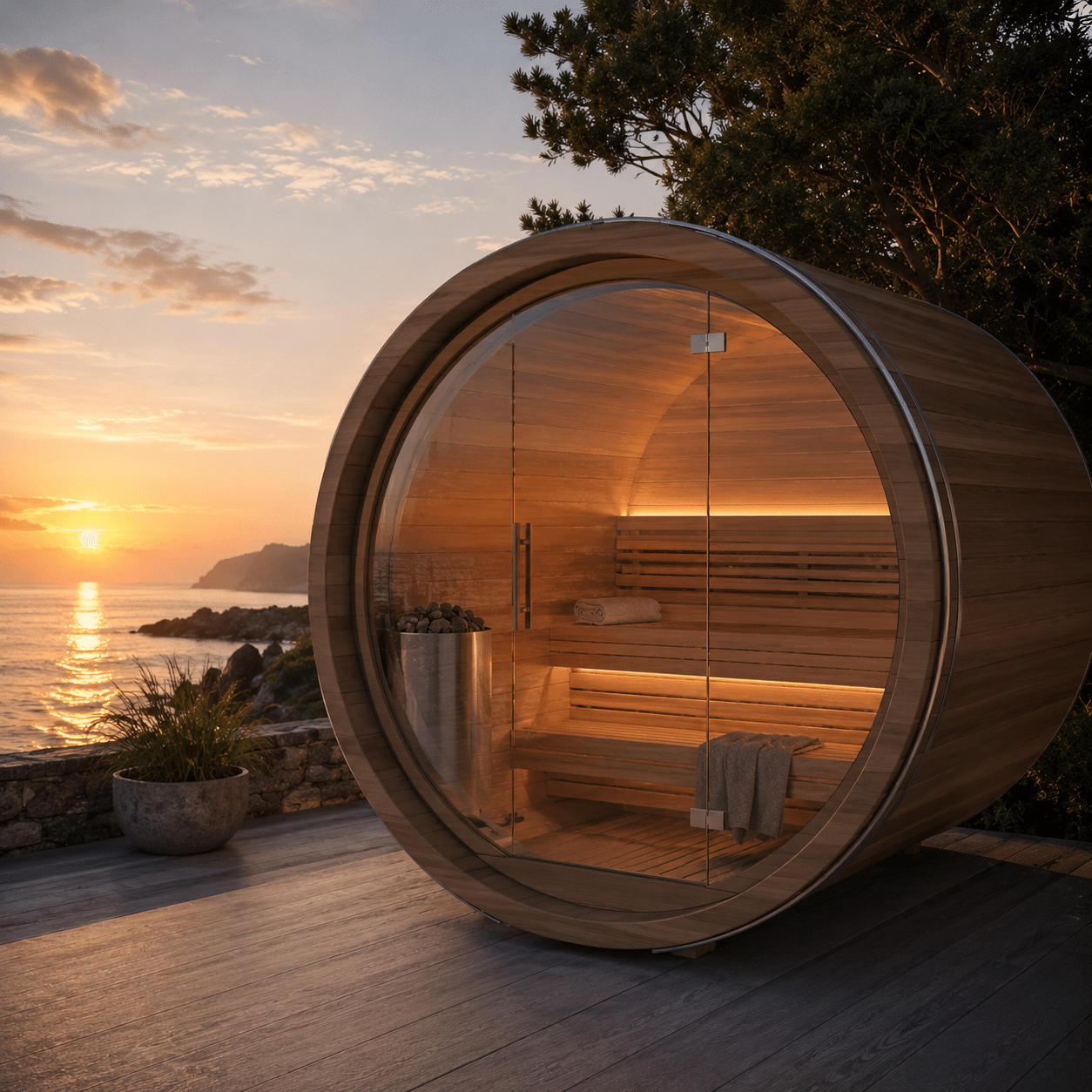 Panoramic outdoor pod sauna cabin featuring double-insulated thermal structural framing under luxury sauna rooms matrix.