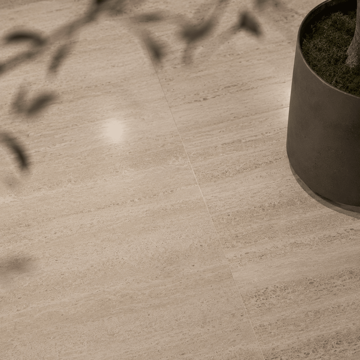 Resin-filled and premium honed flooring layout constructed with high-density architectural travertine project supply for a high-traffic executive pavilion.