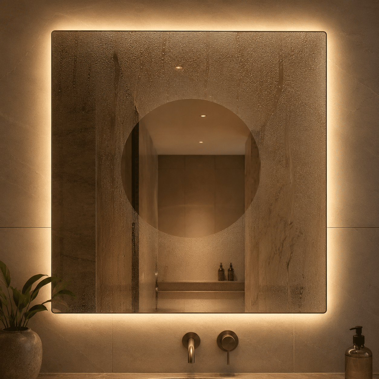 Smart LED mirror with integrated carbon fiber demister pad combined with double-basin luxury bathroom vanities engineering.