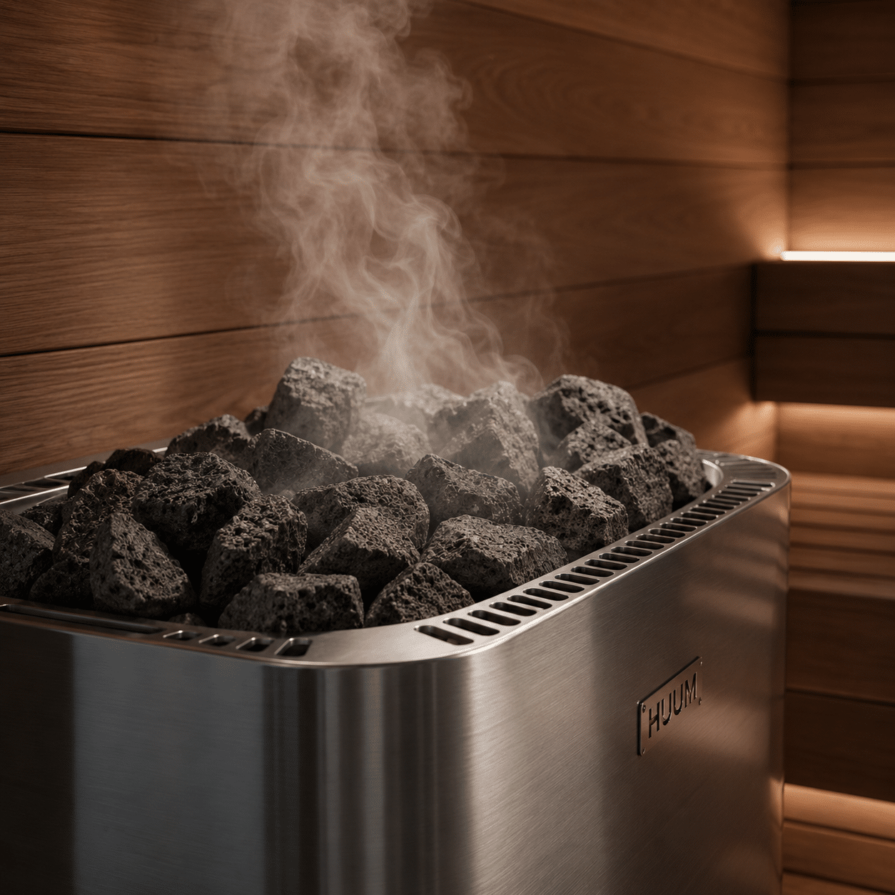 Traditional steam sauna utilizing a high-capacity volcanic rock heater, representing Skyland luxury sauna rooms collection.
