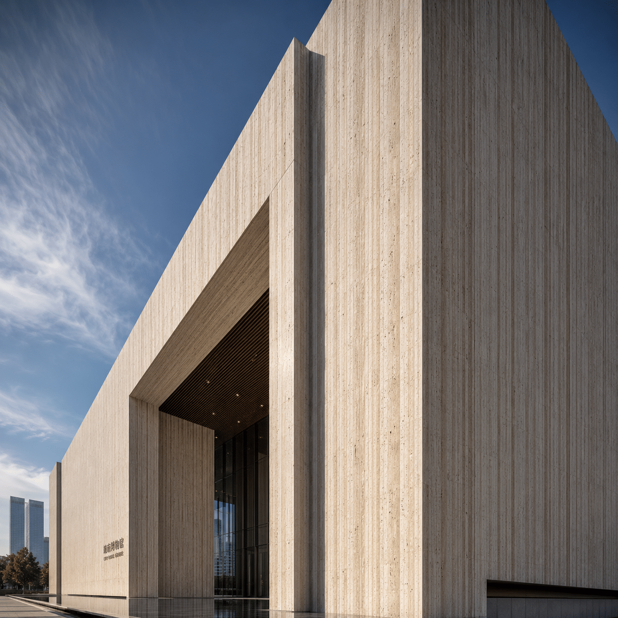 Vein-cut linear exterior cladding panel systems installed via our architectural travertine project supply for a modern minimalist civic building.