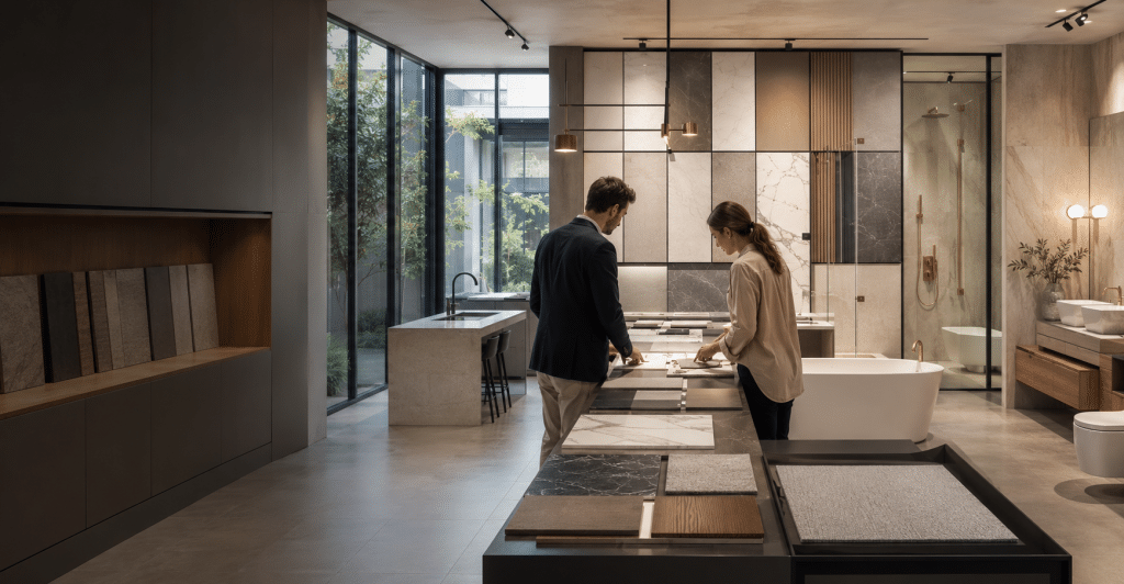 Designers reviewing material samples in a modern building materials showroom