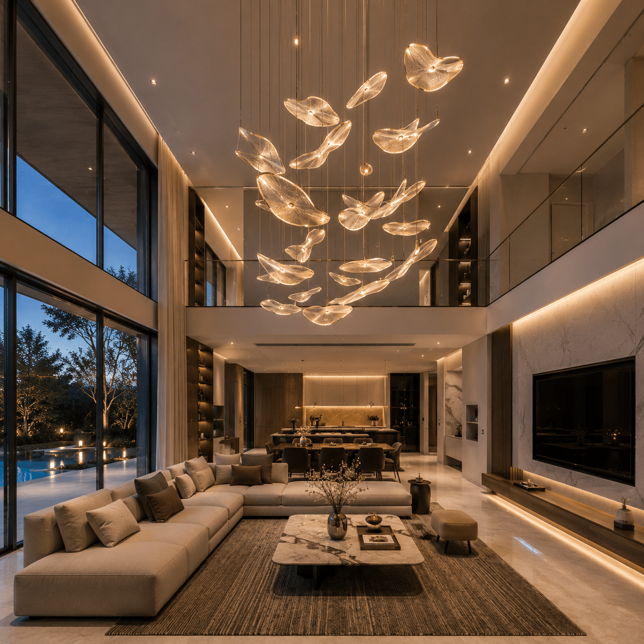 Luxury decorative chandelier installed in a modern living room.