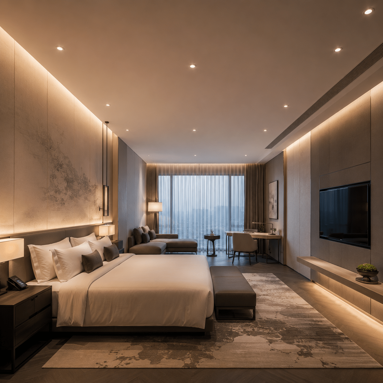 Architectural LED downlights illuminating a modern ceiling.