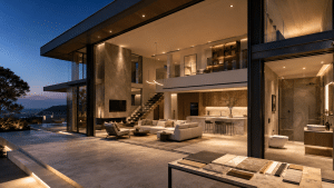 Modern luxury villa showcasing coordinated windows, stone surfaces, cabinetry, staircase, lighting and bathroom materials