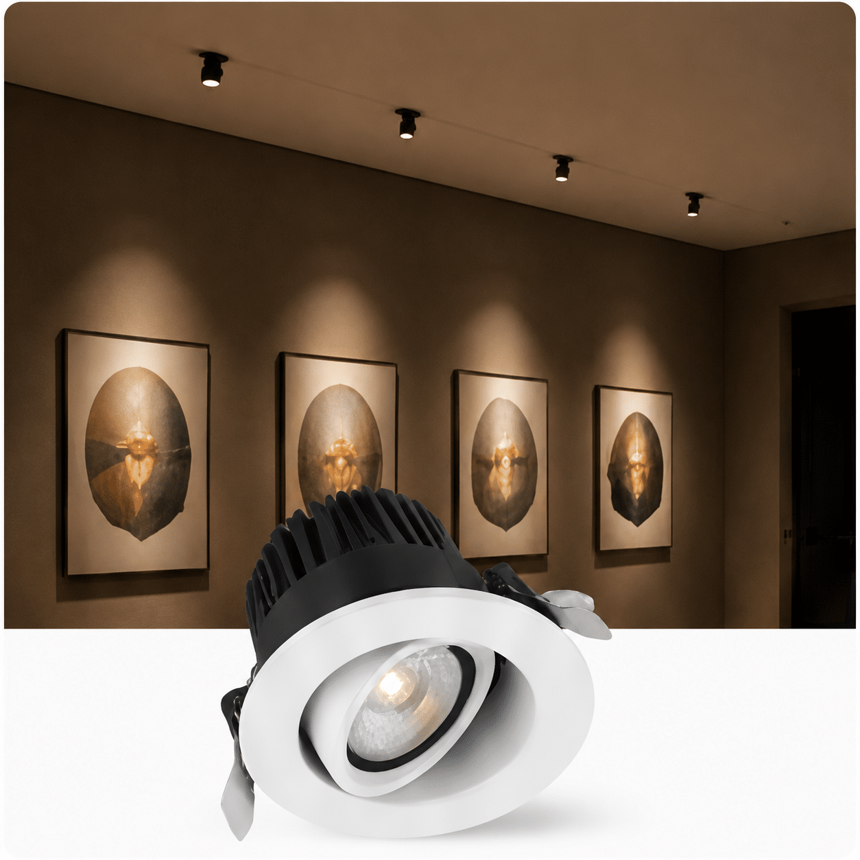Adjustable LED downlights highlighting artwork in a modern interior space.
