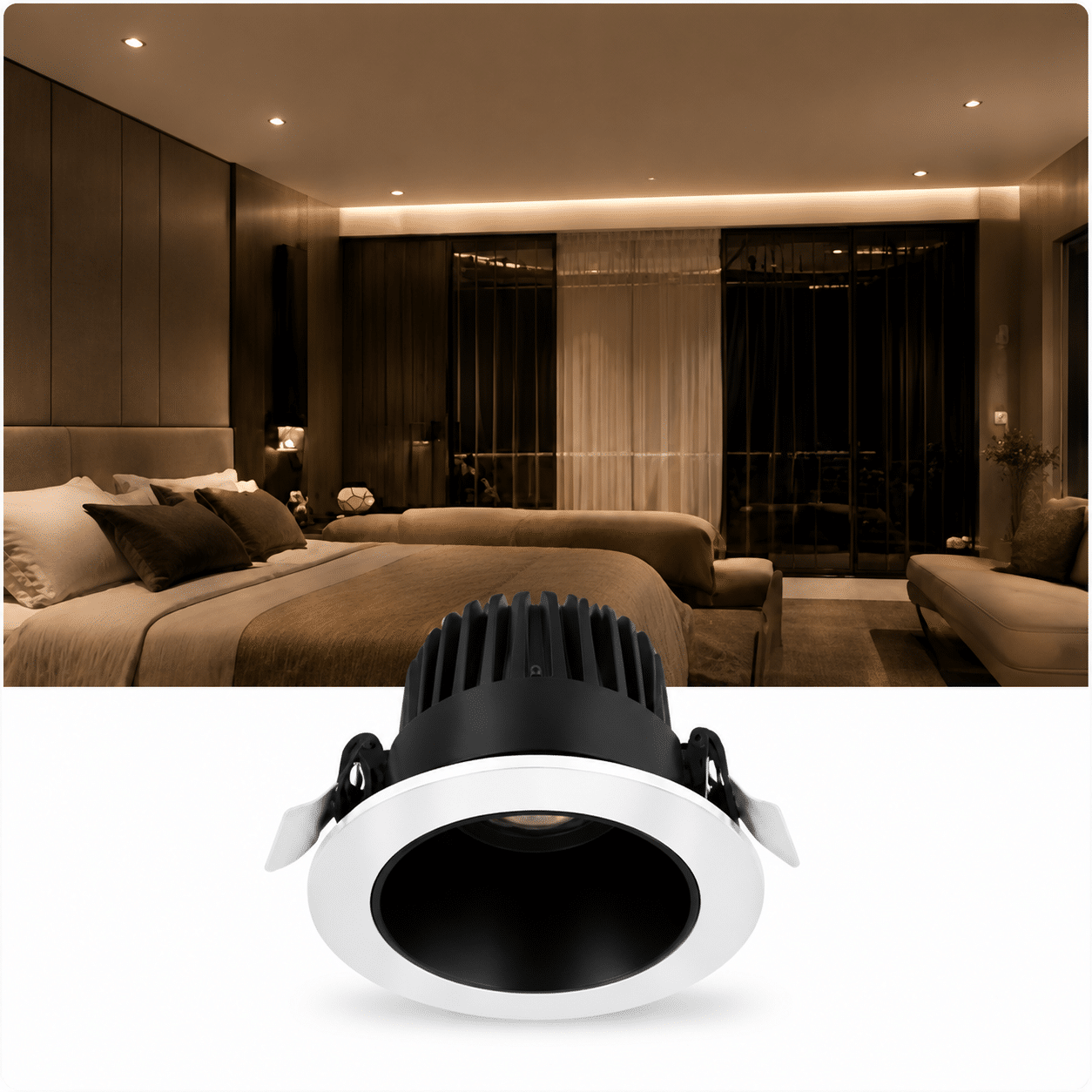 Anti-glare LED downlight with deep recessed optical design for visual comfort.